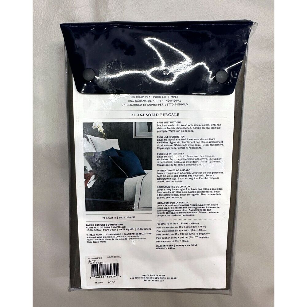 Ralph Lauren RL 464 Solid Percale Twin Flat Sheet Modern Charcoal Cotton NEW - Picture 3 of 6